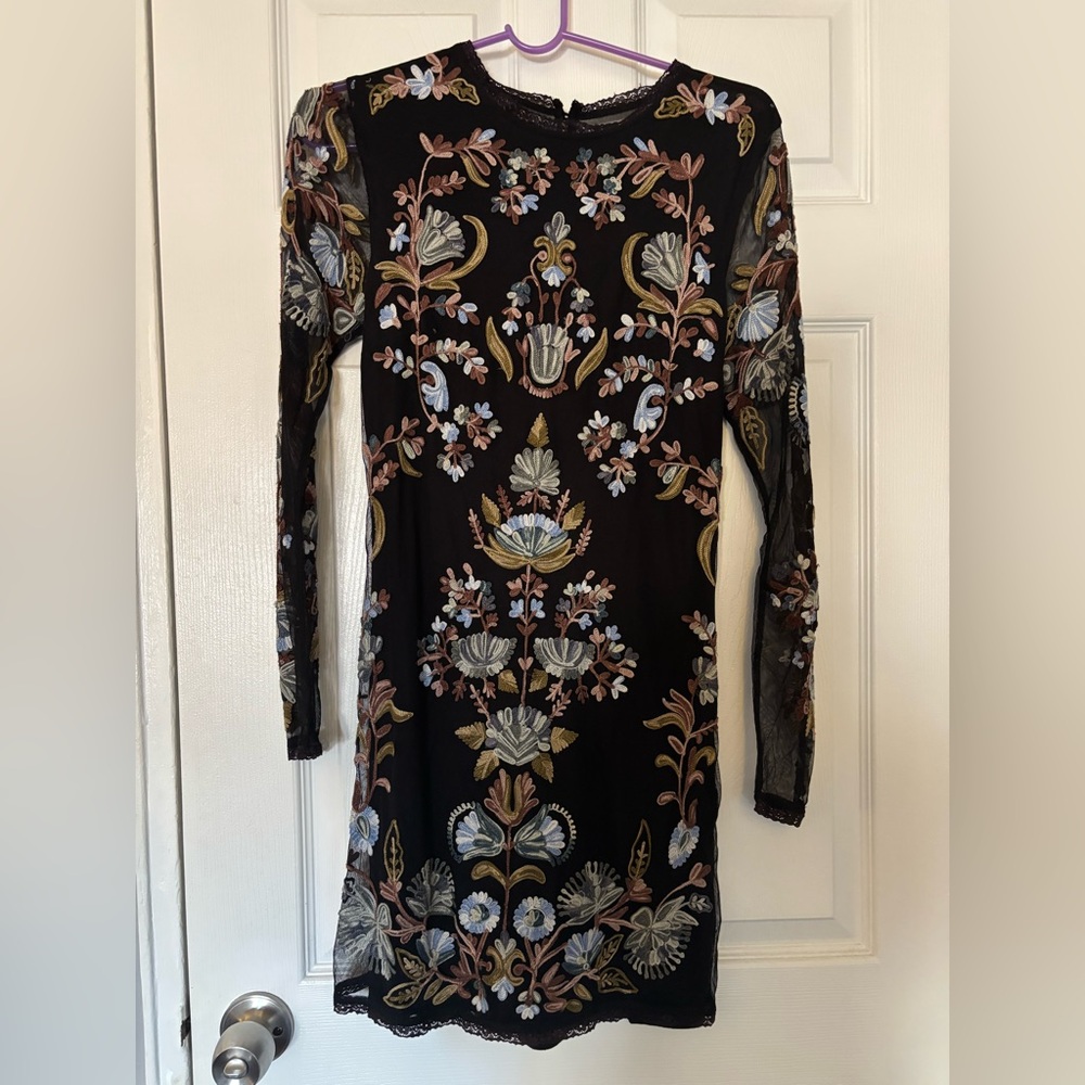 Free People Black Dress with Multicolor Floral Embroidery